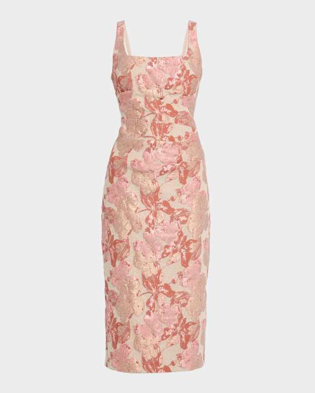 Sleeveless Floral Stretch Jacquard Midi Dress